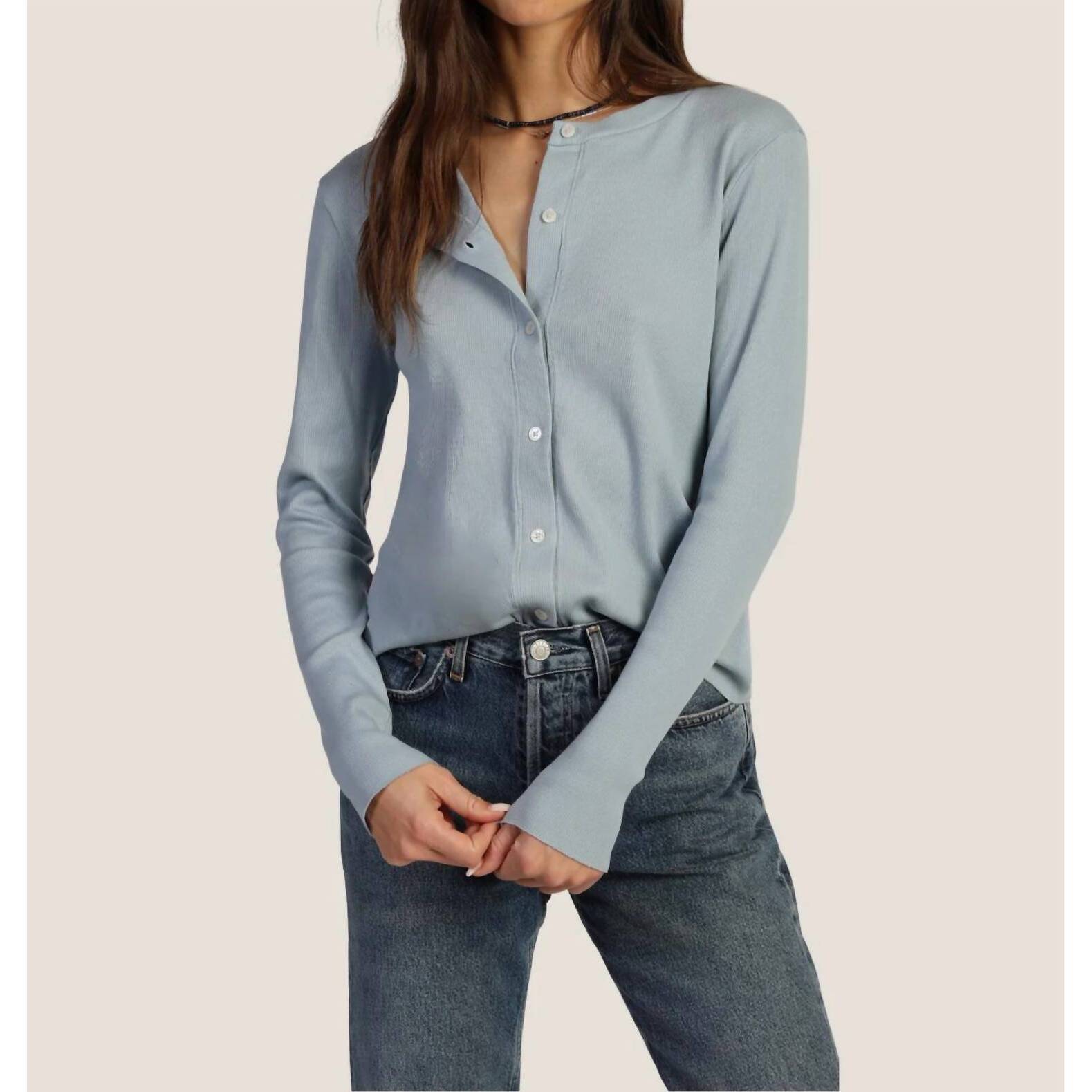 New Dylan Rowan Rib Cardigan In Light Sky